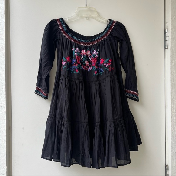 Free People Sunbeams Floral Embroidered Off The Shoulder Boho Dress - Black - S - Picture 6 of 14